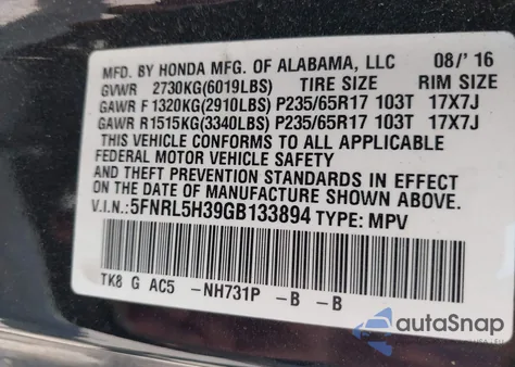 2016 Honda Odyssey Se из США, поврежденный, VIN 5FNRL5H39GB133894